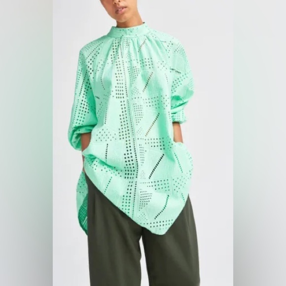 Rodebjer jade green cotton broderie anglaise long-sleeved mini dress - One size - Picture 2 of 6